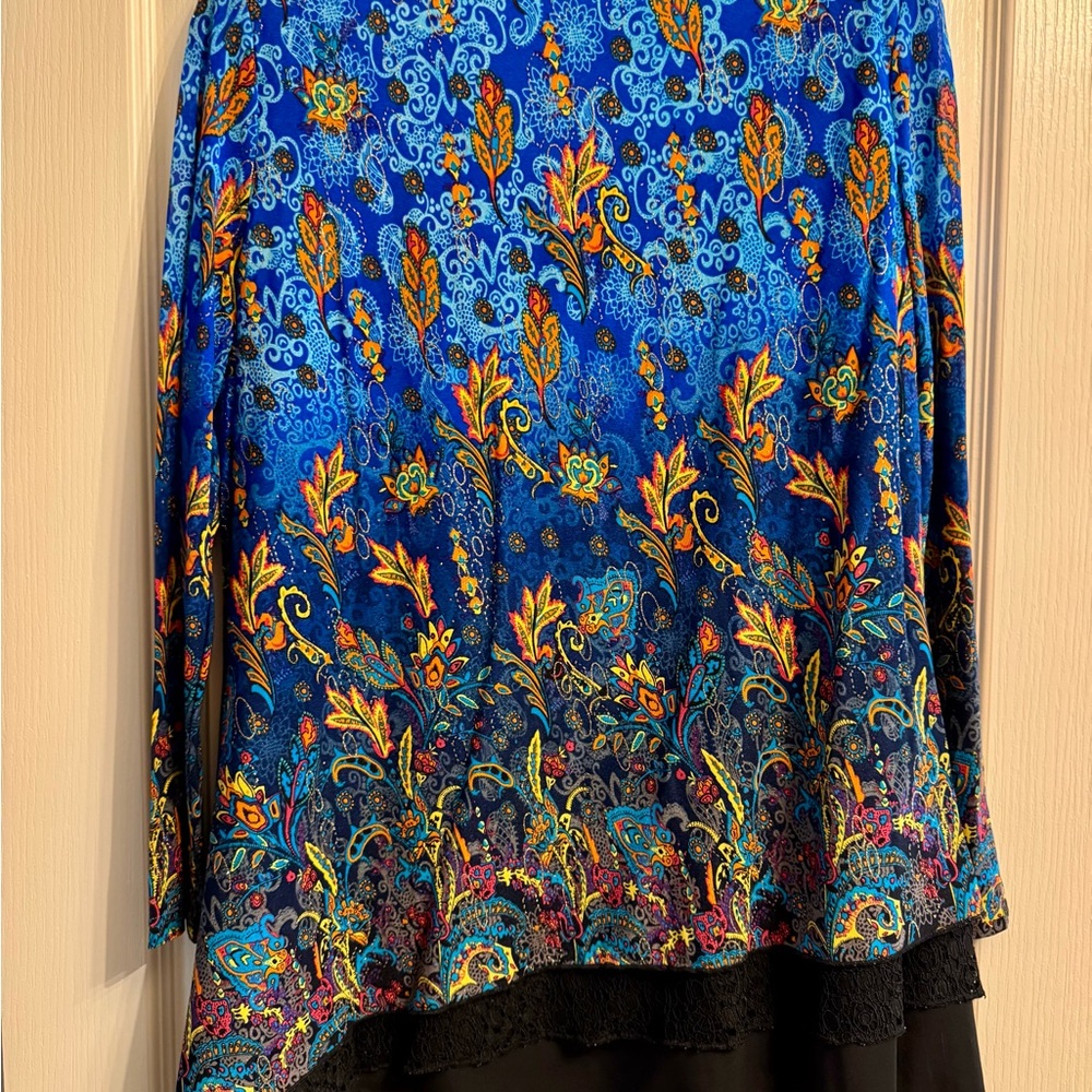 New! CALESSA Vibrant Blue and Orange Floral Blouse - Picture 2 of 15